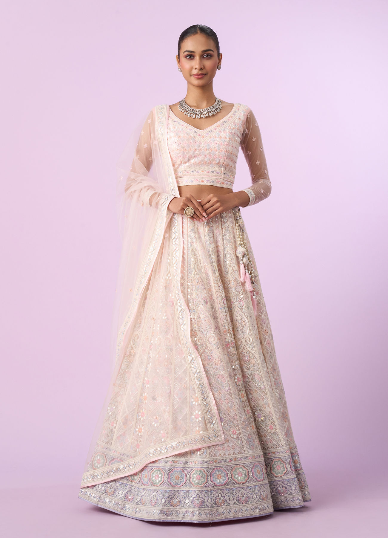 Mohey Women Elegant Cream and Pink Lehenga