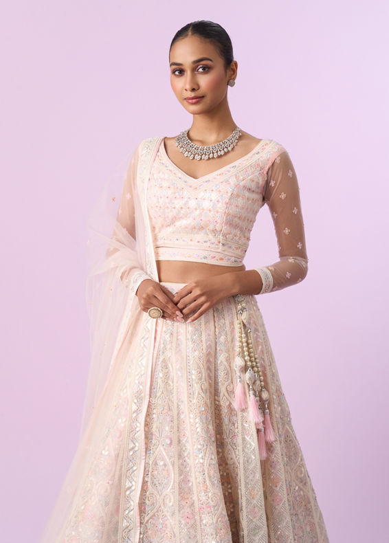 Mohey Women Elegant Cream and Pink Lehenga