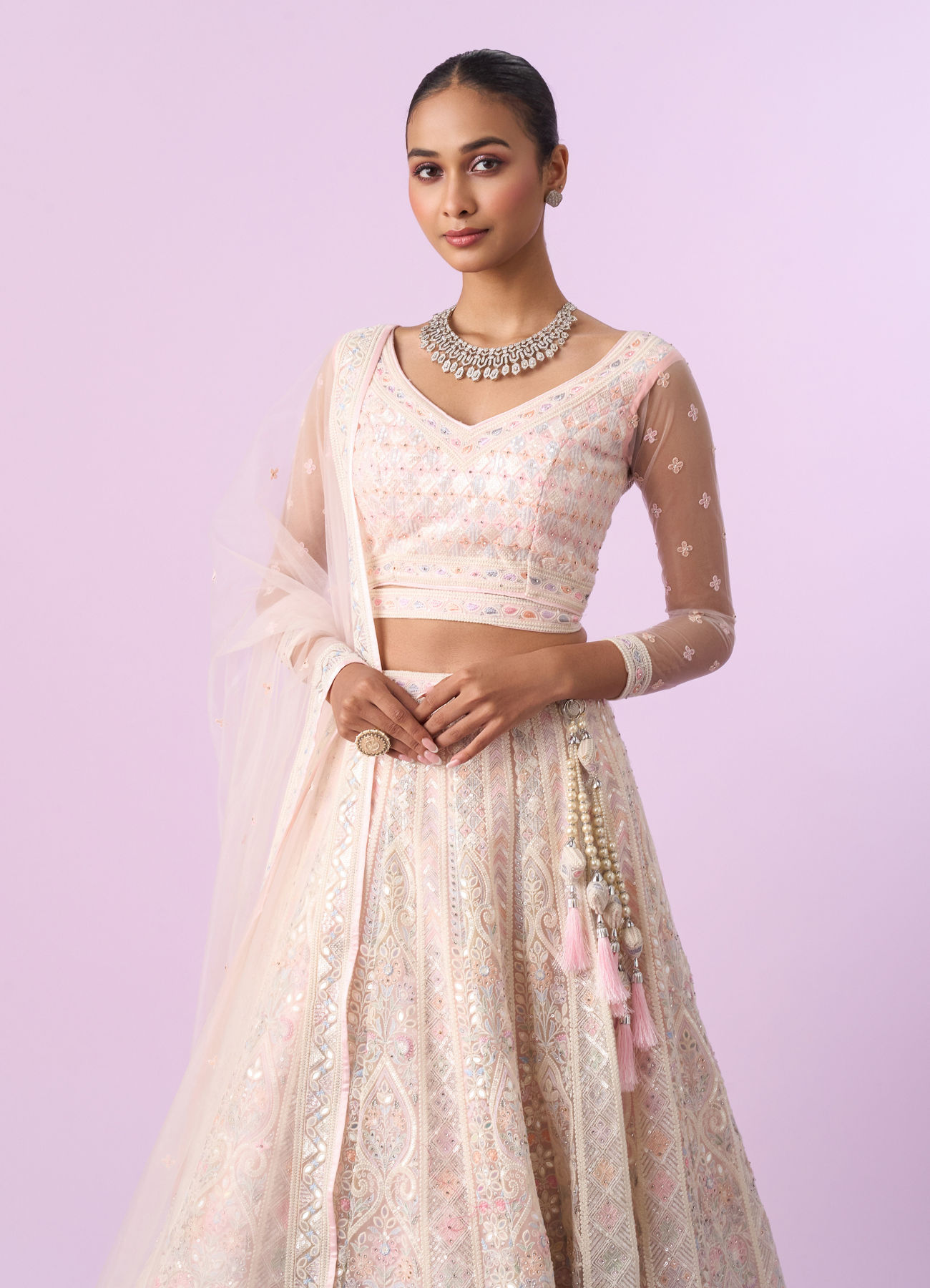 Mohey Women Elegant Cream and Pink Lehenga