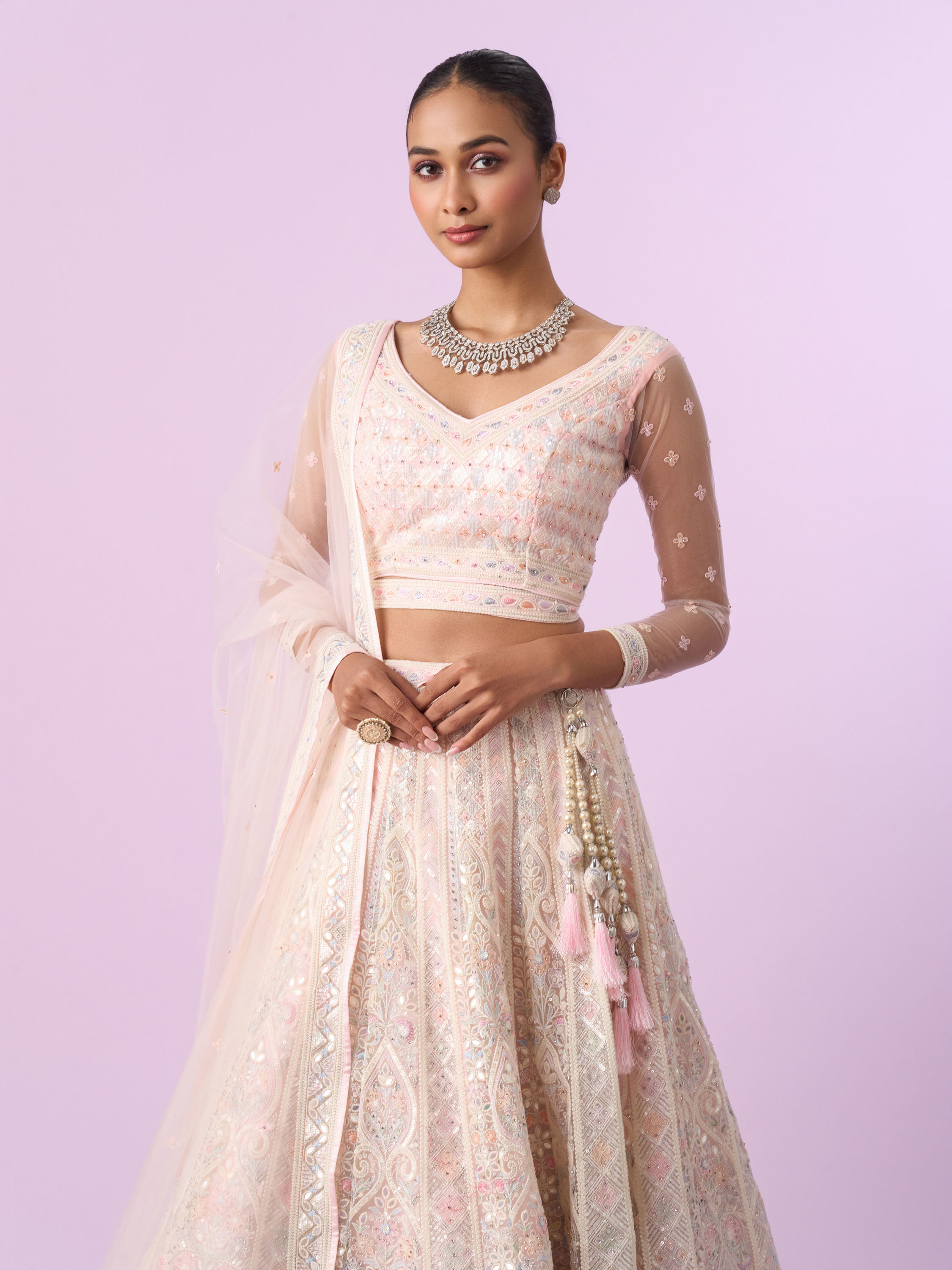 Mohey Women Elegant Cream and Pink Lehenga