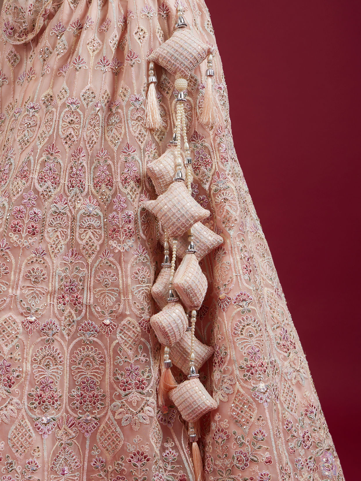 Mohey Women Blushful Pink Net Ensemble Lehenga