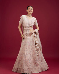 Mohey Women Blushful Pink Net Ensemble Lehenga