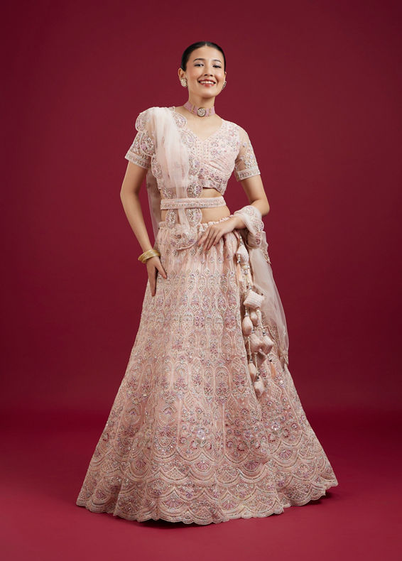 Mohey Women Blushful Pink Net Ensemble Lehenga