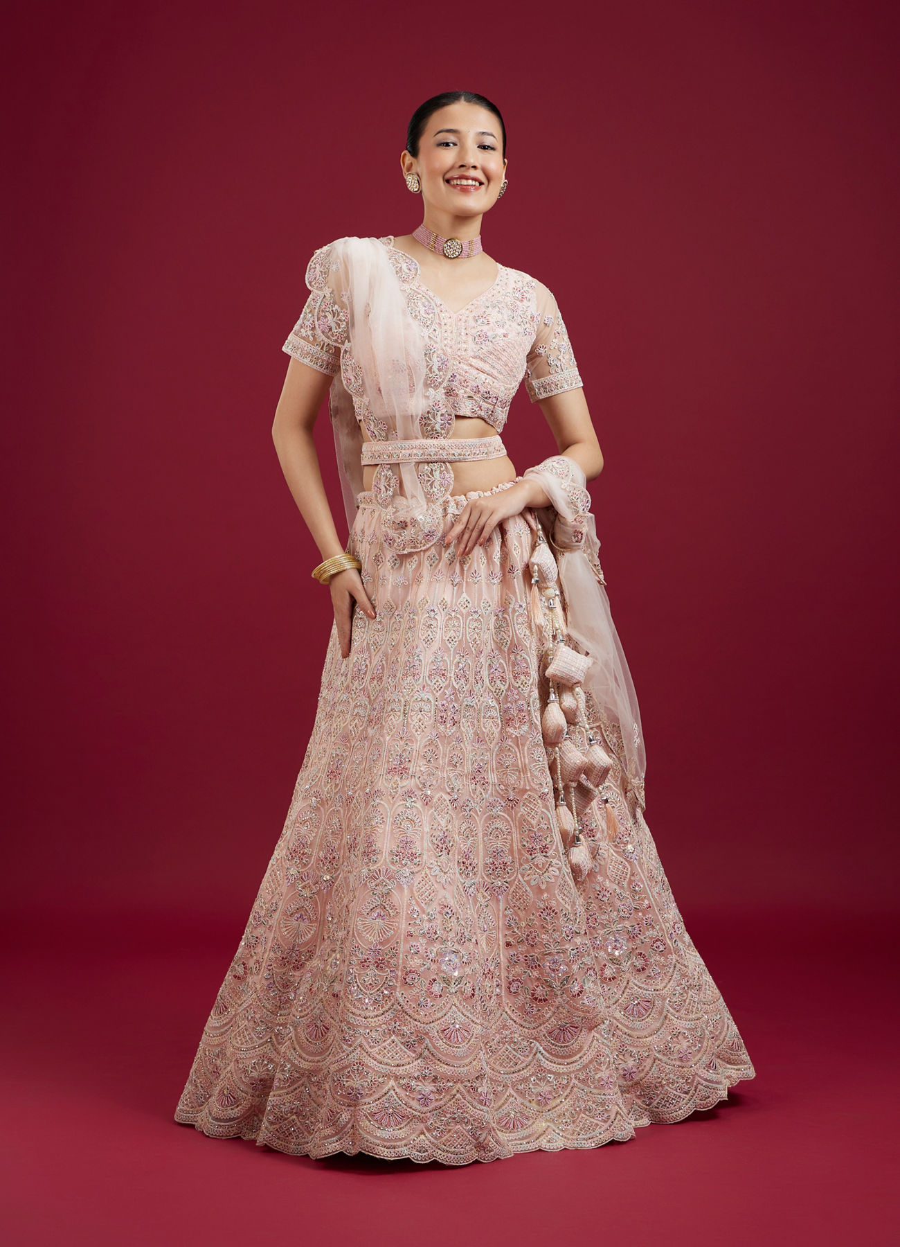Mohey Women Blushful Pink Net Ensemble Lehenga