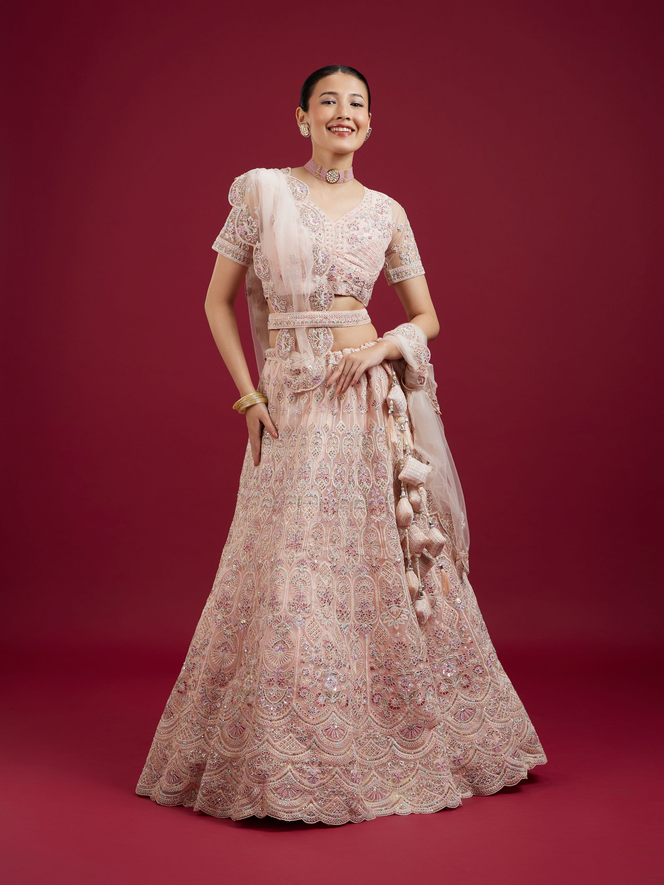 Mohey Women Blushful Pink Net Ensemble Lehenga