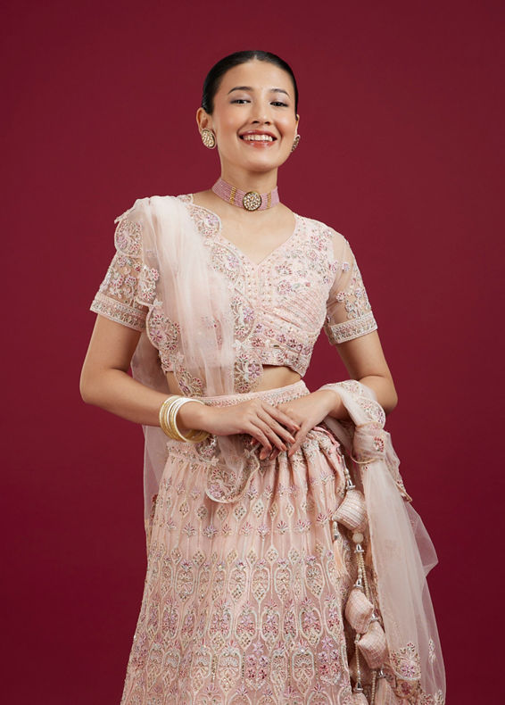 Mohey Women Blushful Pink Net Ensemble Lehenga