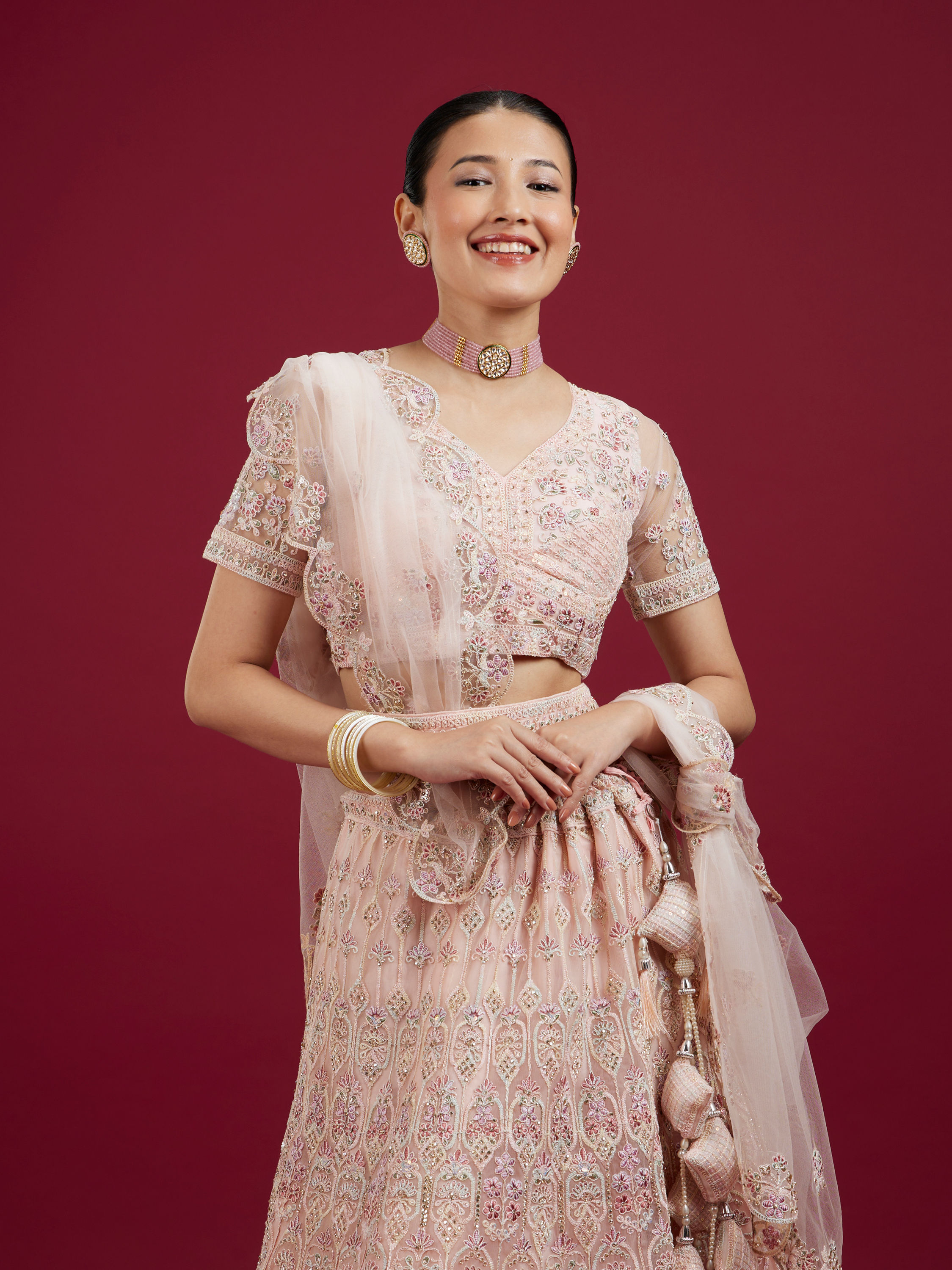 Mohey Women Blushful Pink Net Ensemble Lehenga