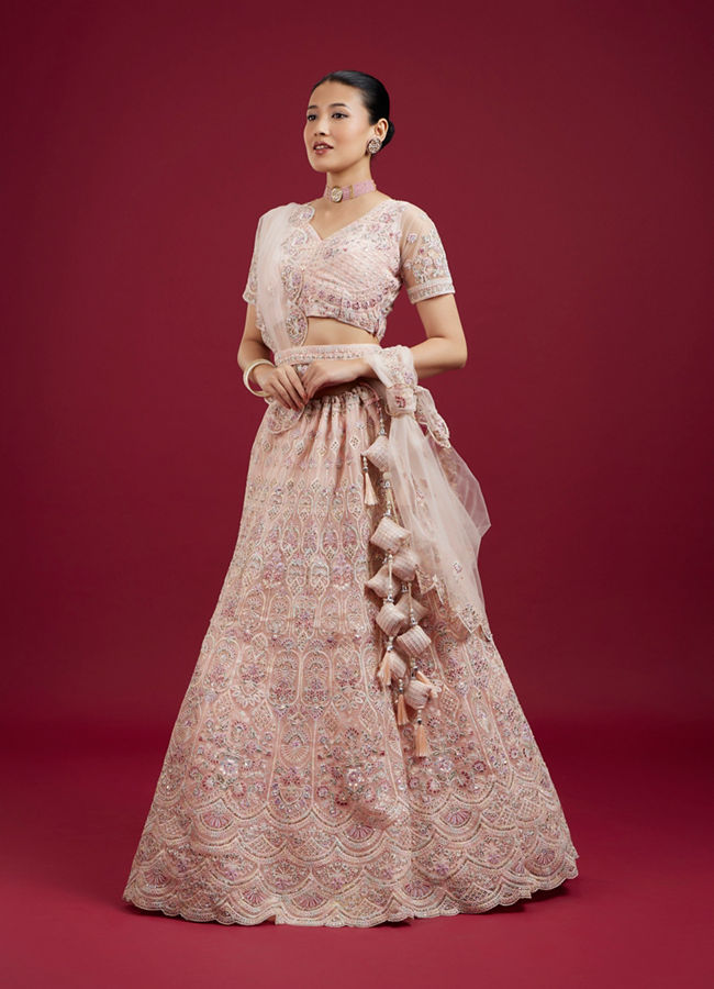Mohey Women Blushful Pink Net Ensemble Lehenga