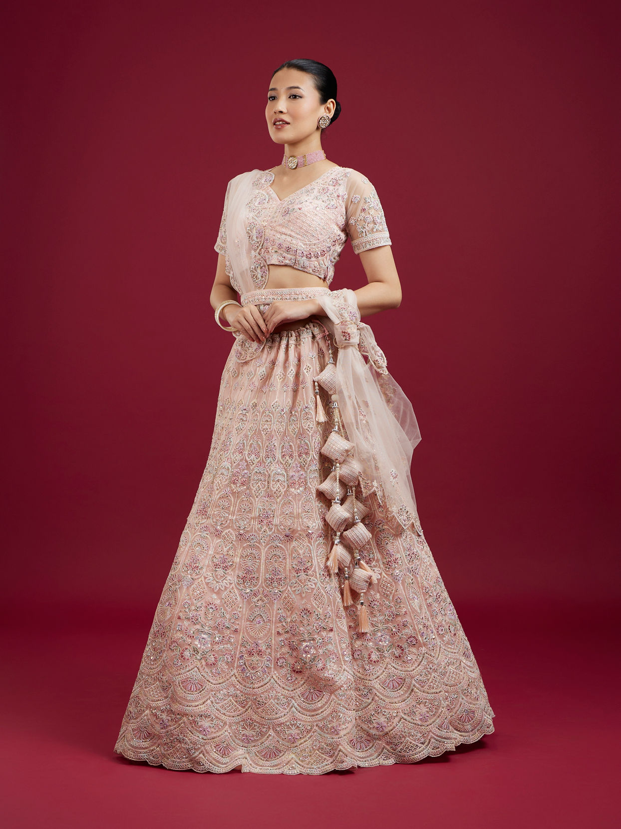 Mohey Women Blushful Pink Net Ensemble Lehenga