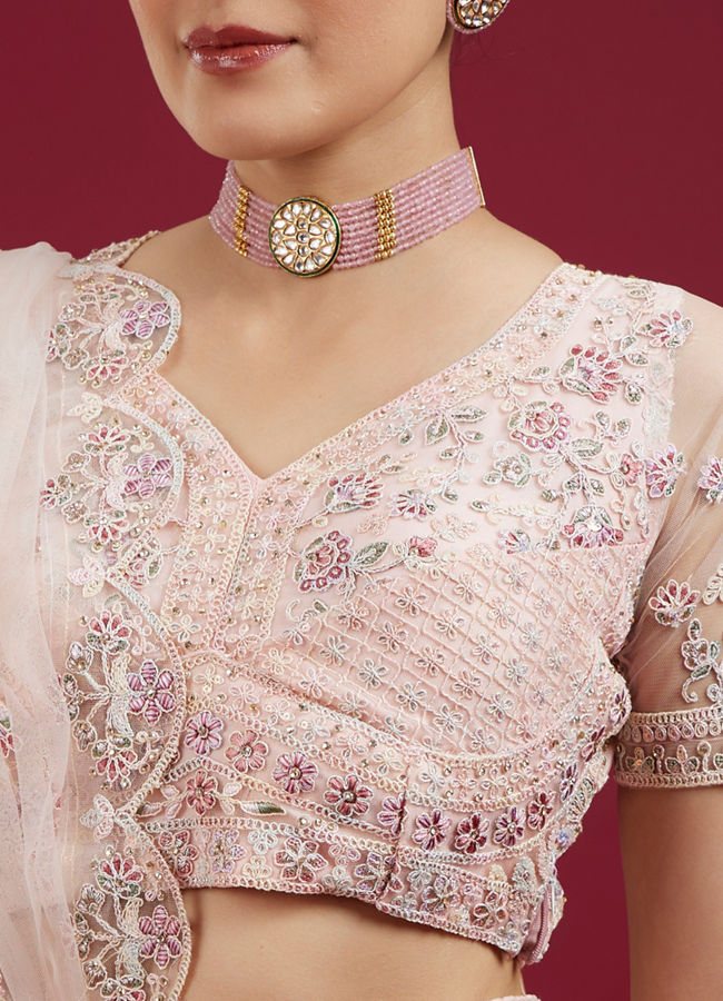 Mohey Women Blushful Pink Net Ensemble Lehenga