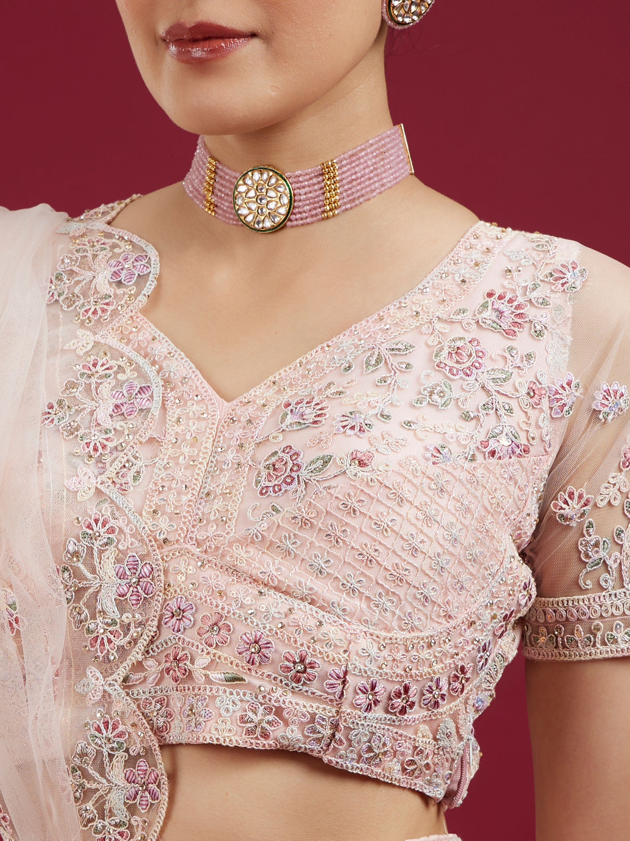 Mohey Women Blushful Pink Net Ensemble Lehenga