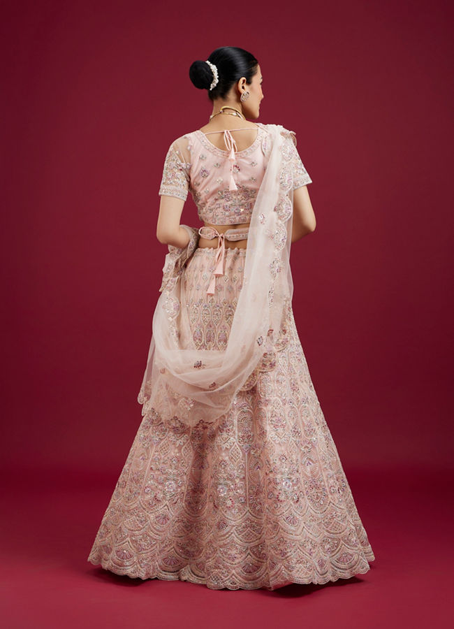 Mohey Women Blushful Pink Net Ensemble Lehenga