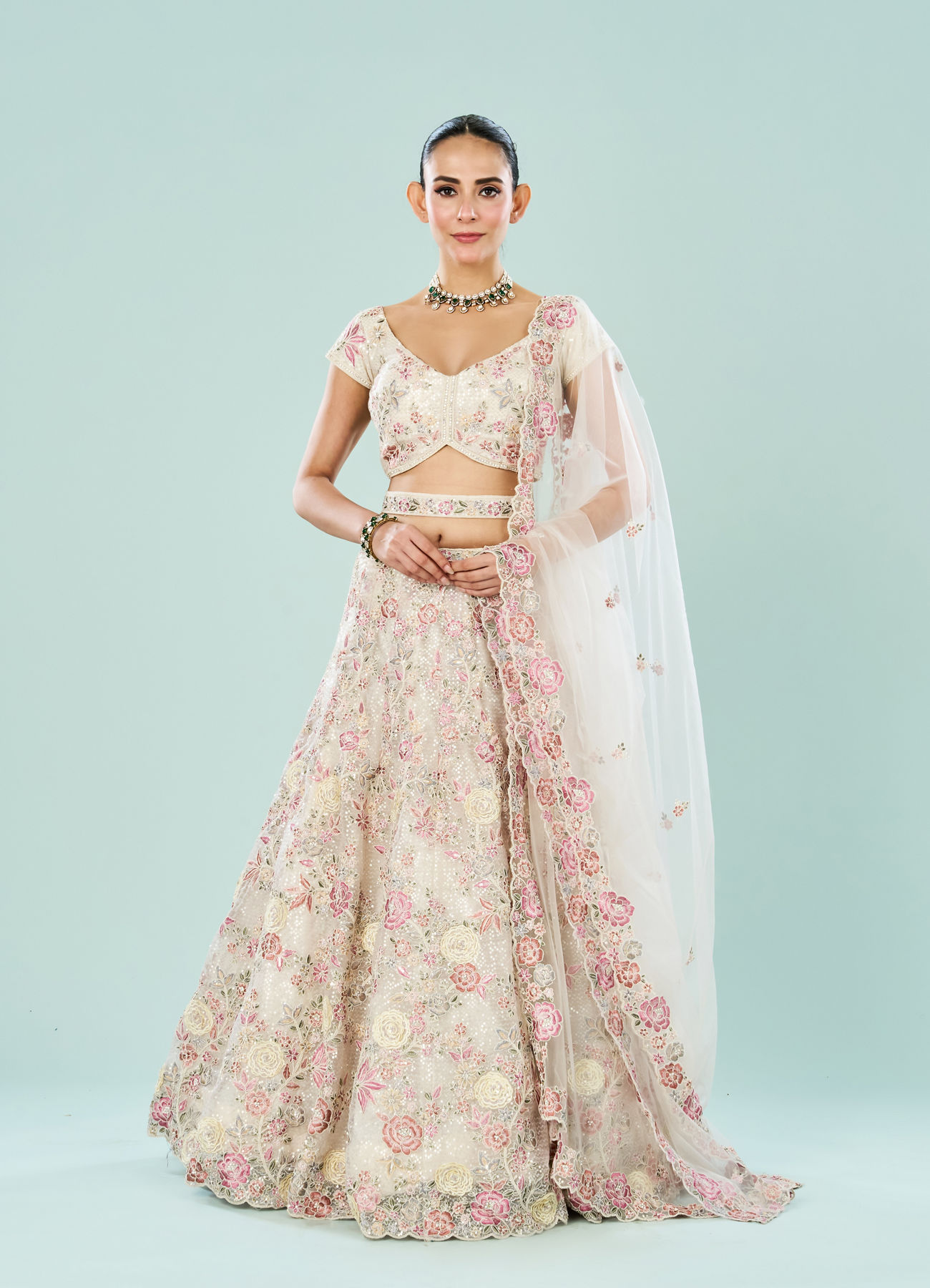 Mohey Women Creamy Dream Enchantress Semi Bridal Lehenga