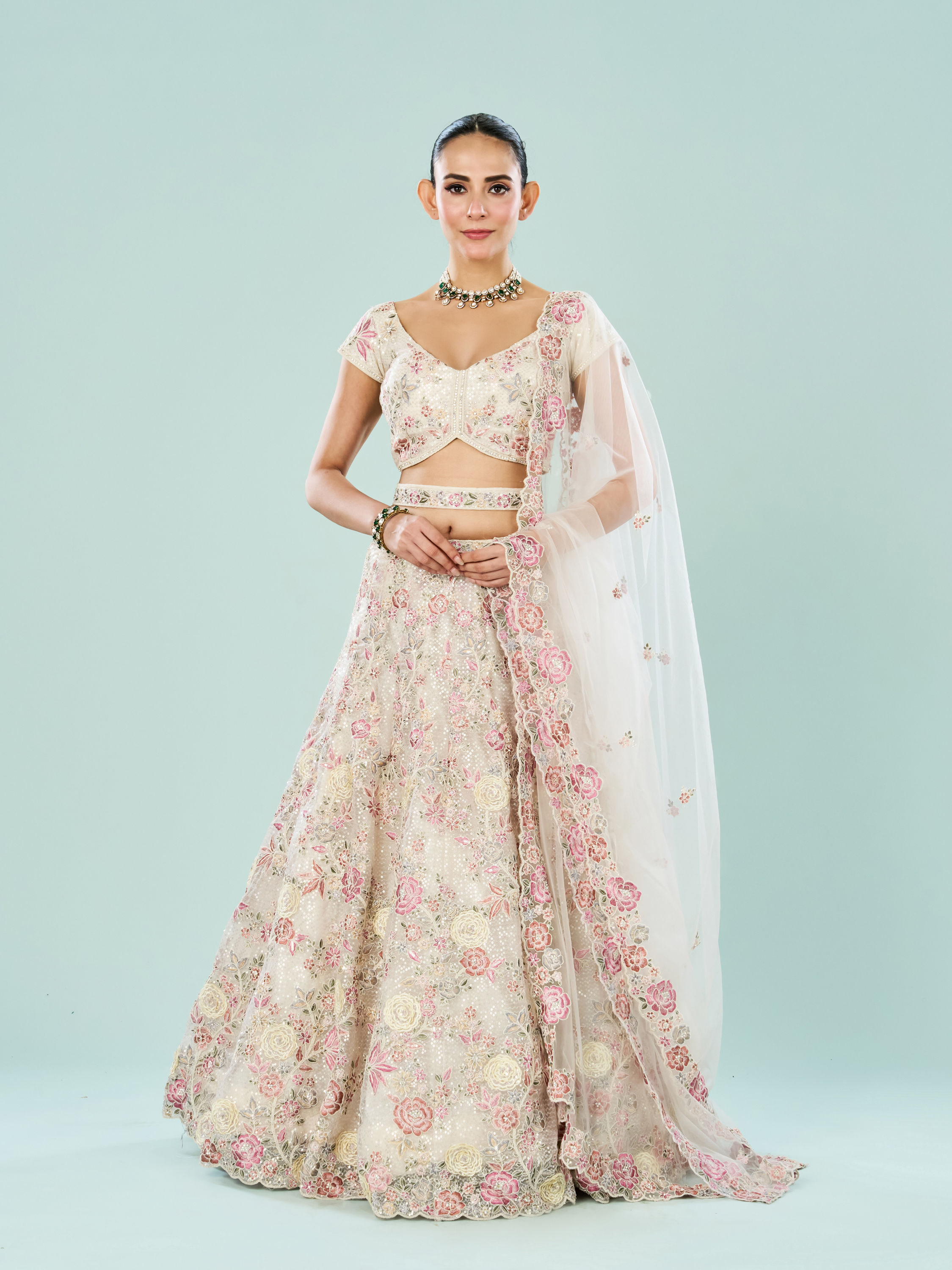 Mohey Women Creamy Dream Enchantress Semi Bridal Lehenga