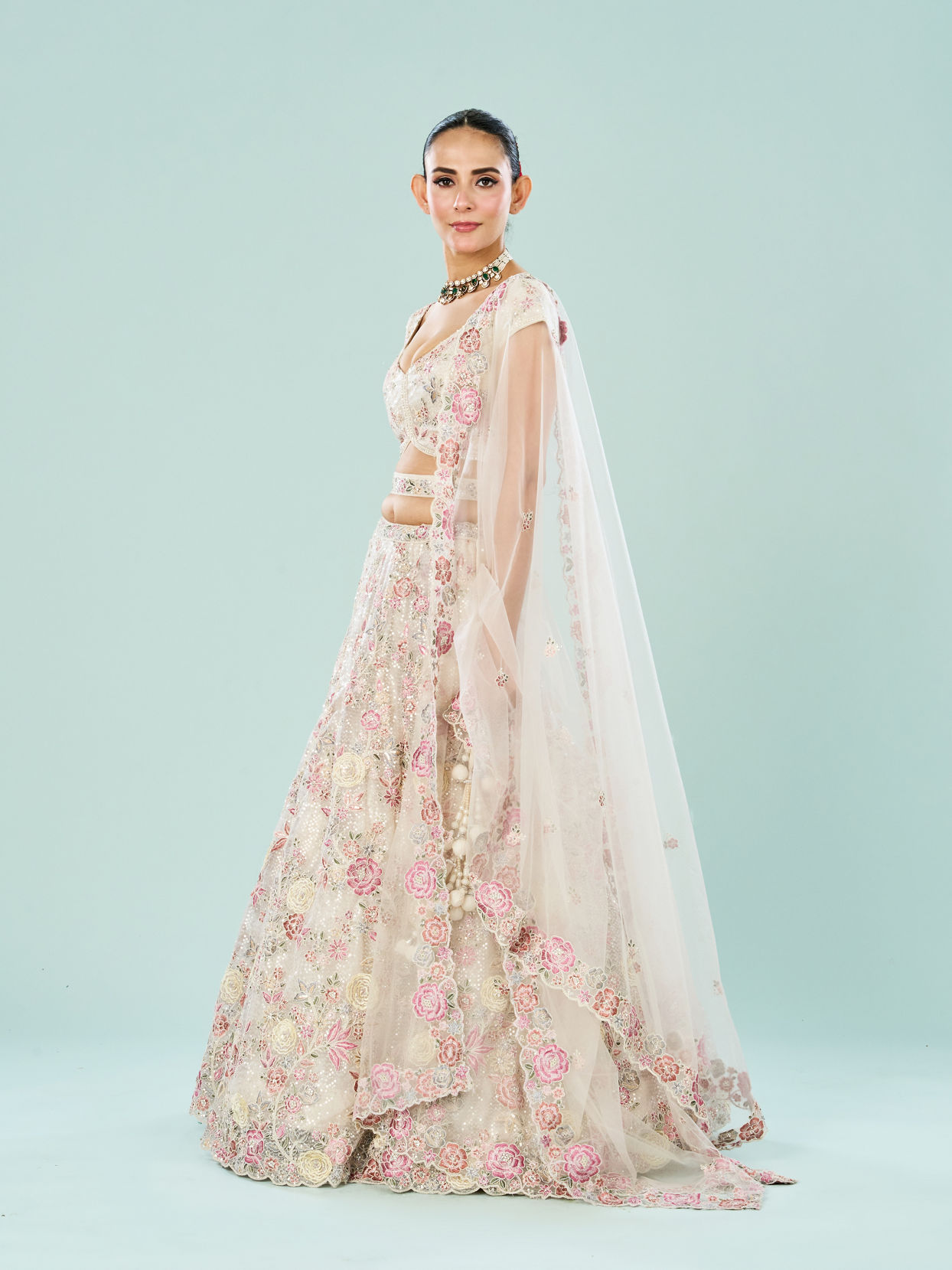 Mohey Women Creamy Dream Enchantress Semi Bridal Lehenga