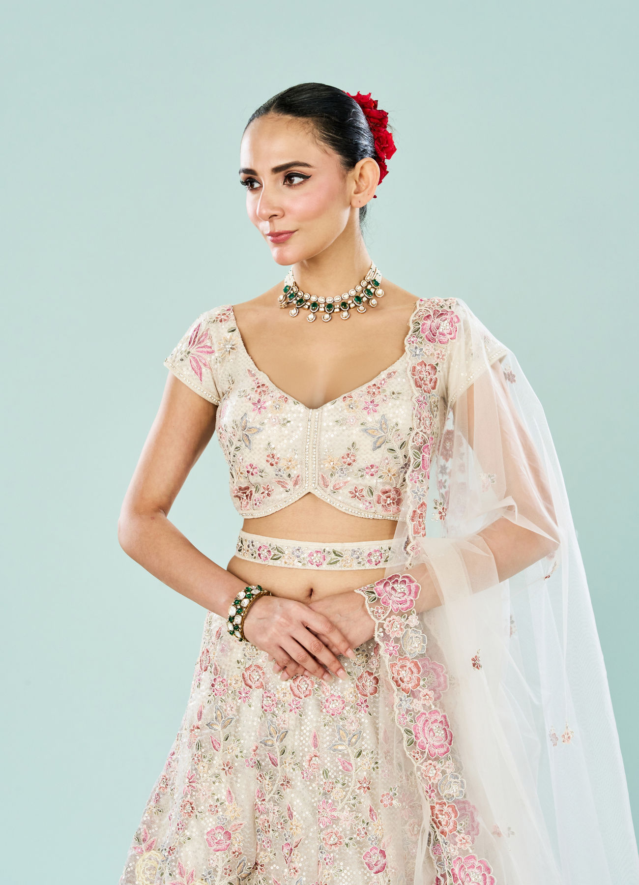 Mohey Women Creamy Dream Enchantress Semi Bridal Lehenga