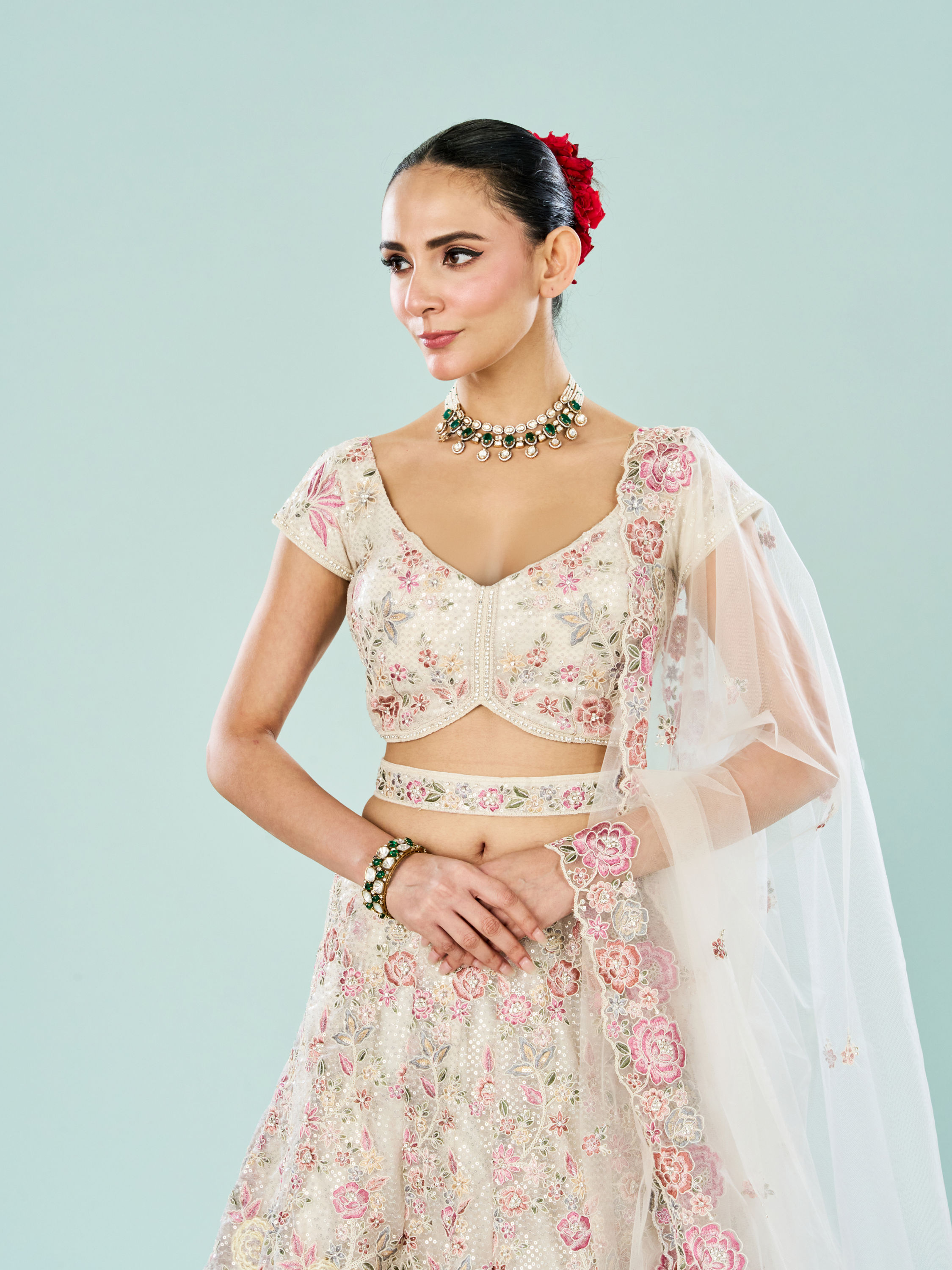 Mohey Women Creamy Dream Enchantress Semi Bridal Lehenga