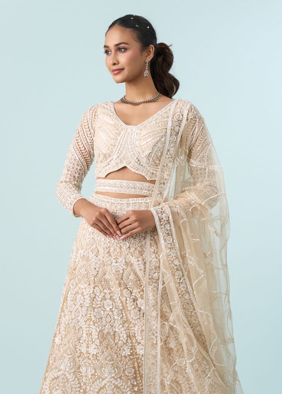 Mohey Women Exquisite Cream Net Bridal Lehenga