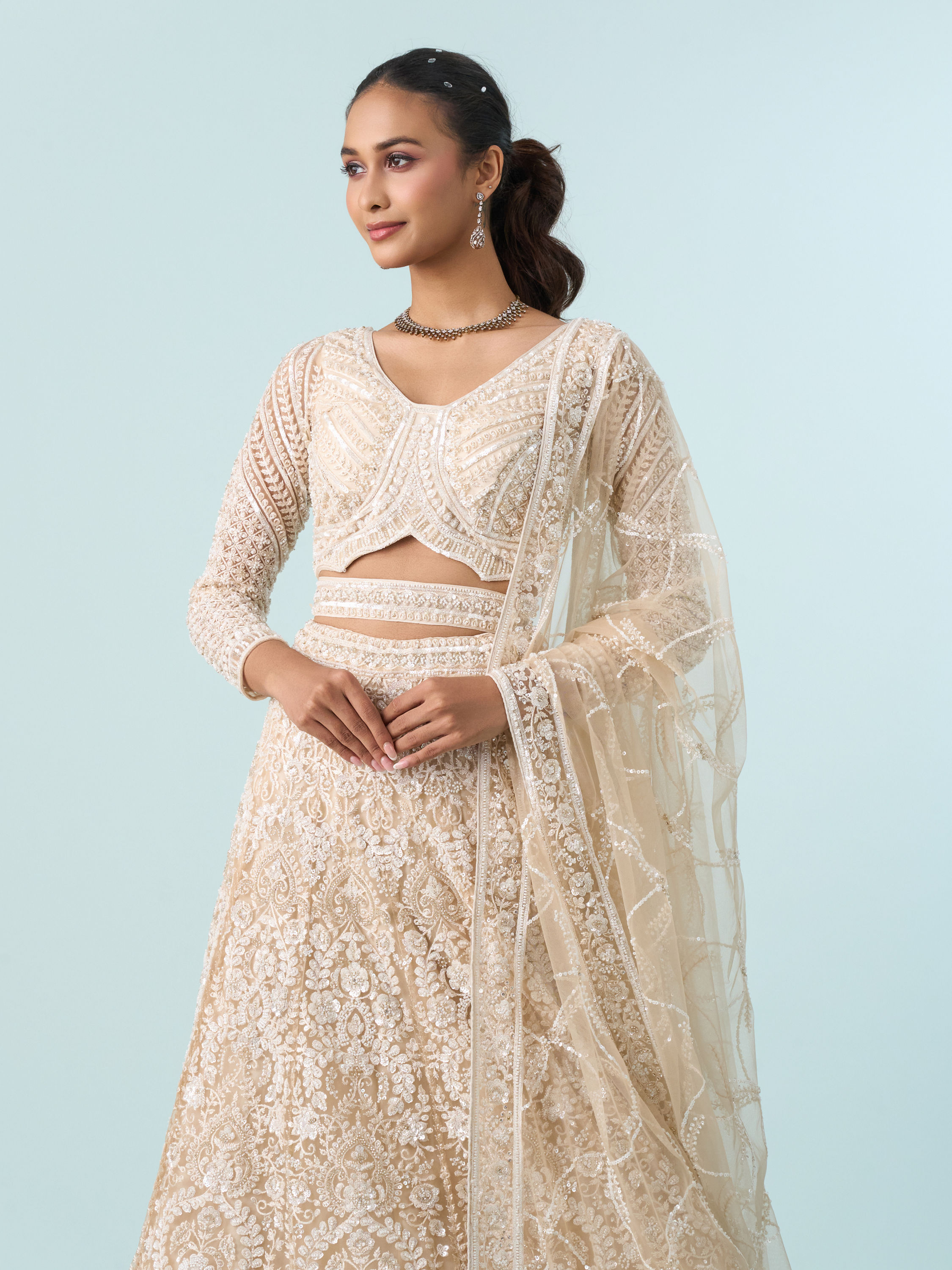 Mohey Women Exquisite Cream Net Bridal Lehenga