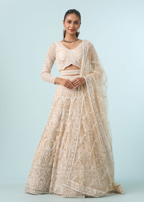 Mohey Women Exquisite Cream Net Bridal Lehenga