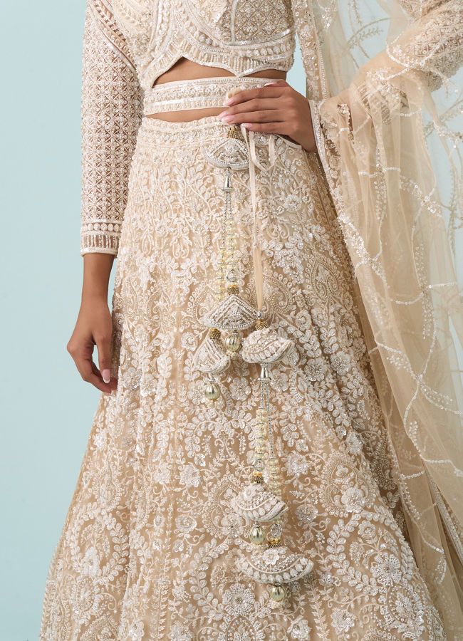 Mohey Women Exquisite Cream Net Bridal Lehenga