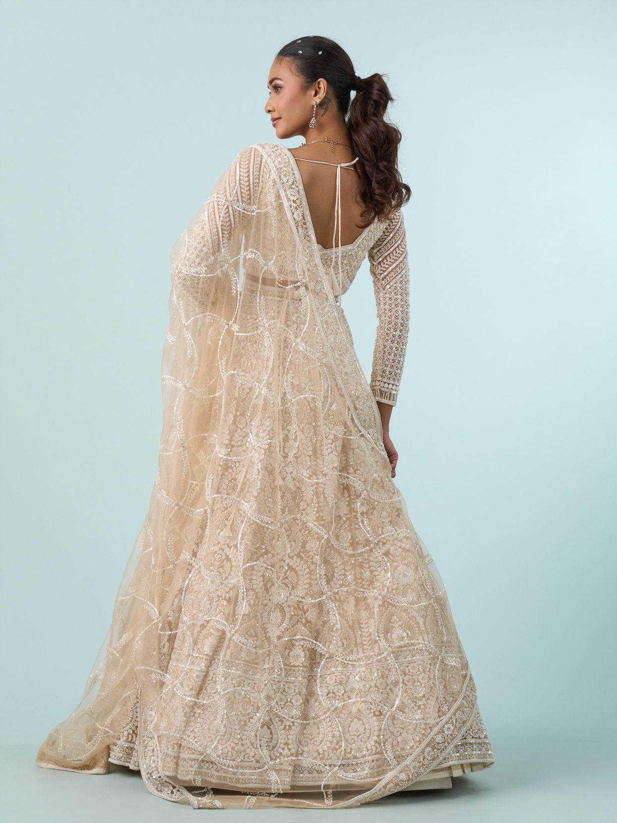 Mohey Women Exquisite Cream Net Bridal Lehenga
