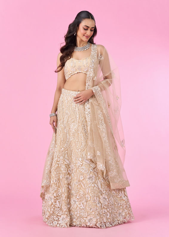 Mohey Women Cream Splendour Net Lehenga