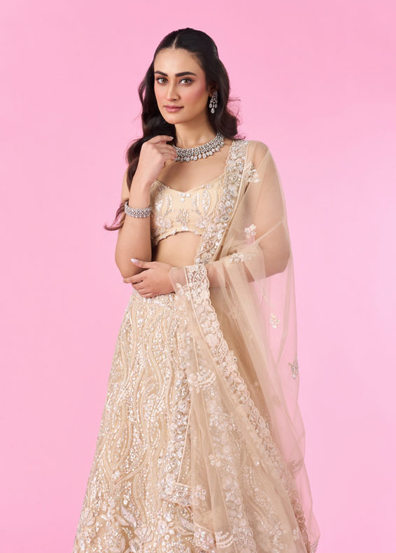 Mohey Women Cream Splendour Net Lehenga