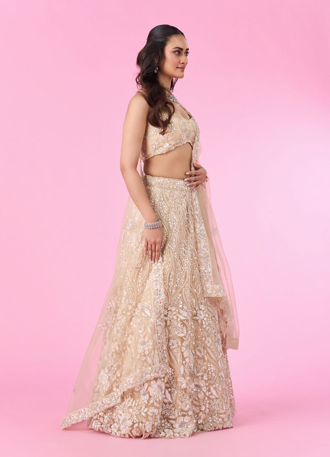 Mohey Women Cream Splendour Net Lehenga