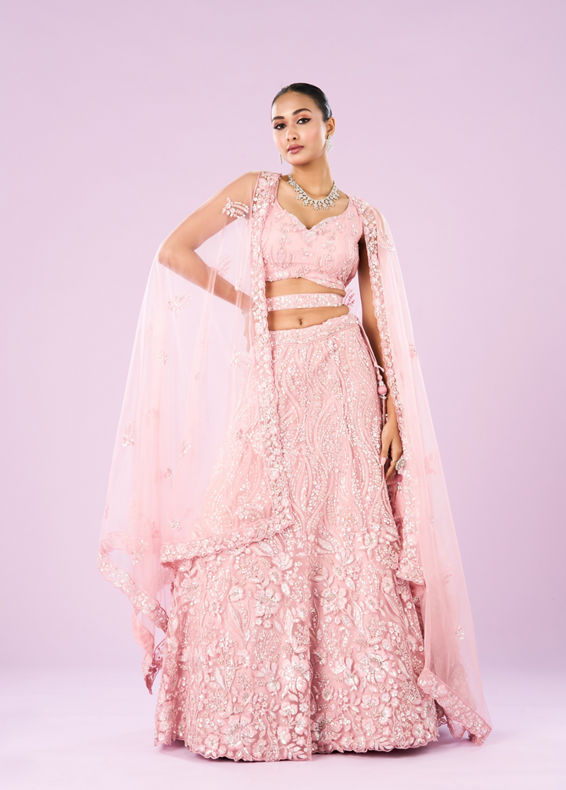 Mohey Women Pink Net Ensemble Lehenga