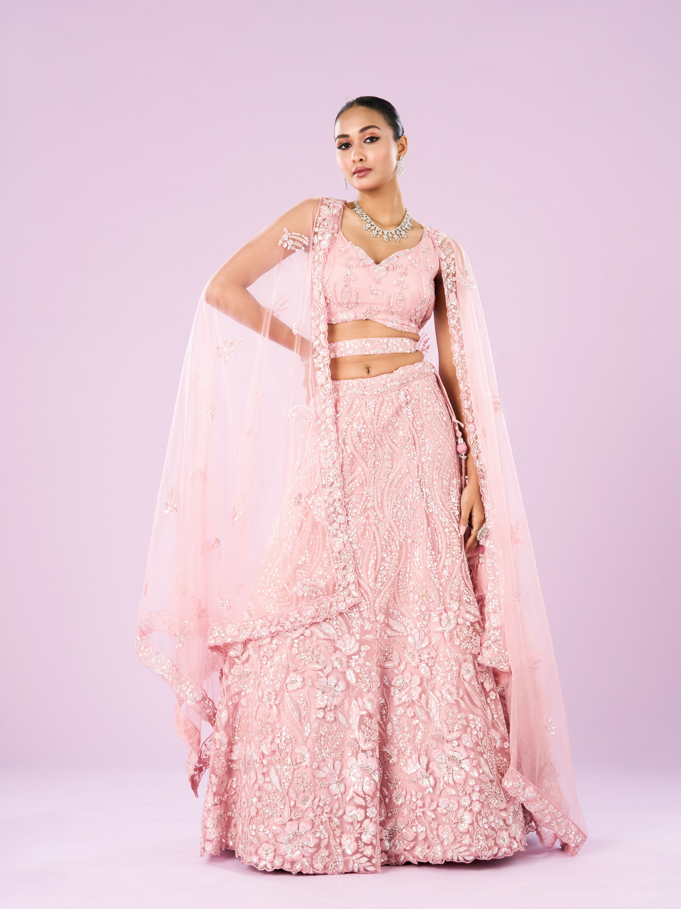 Mohey Women Pink Net Ensemble Lehenga