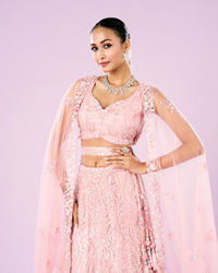 Mohey Women Pink Net Ensemble Lehenga