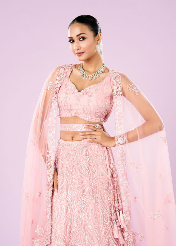 Mohey Women Pink Net Ensemble Lehenga