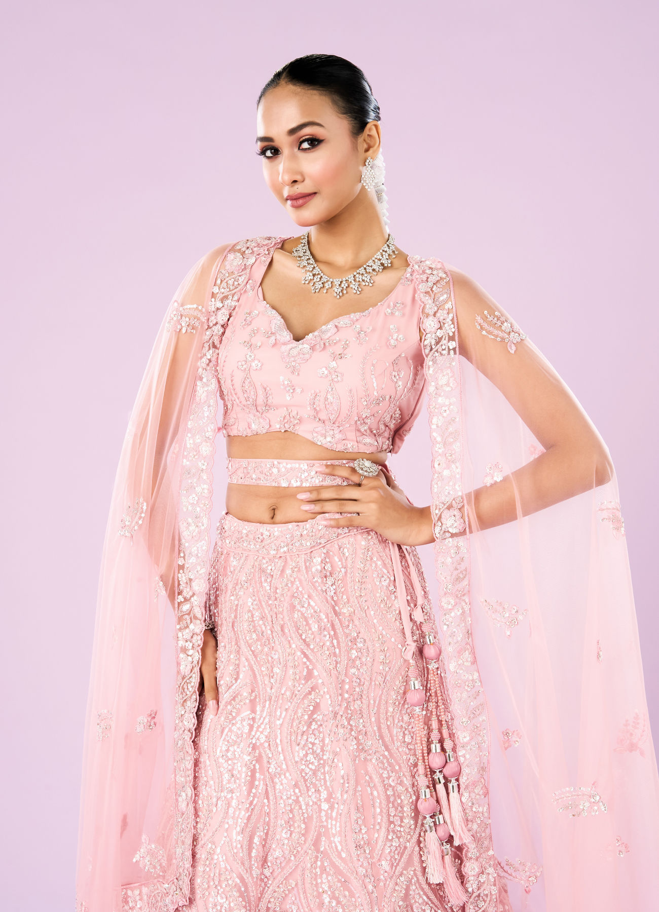 Mohey Women Pink Net Ensemble Lehenga