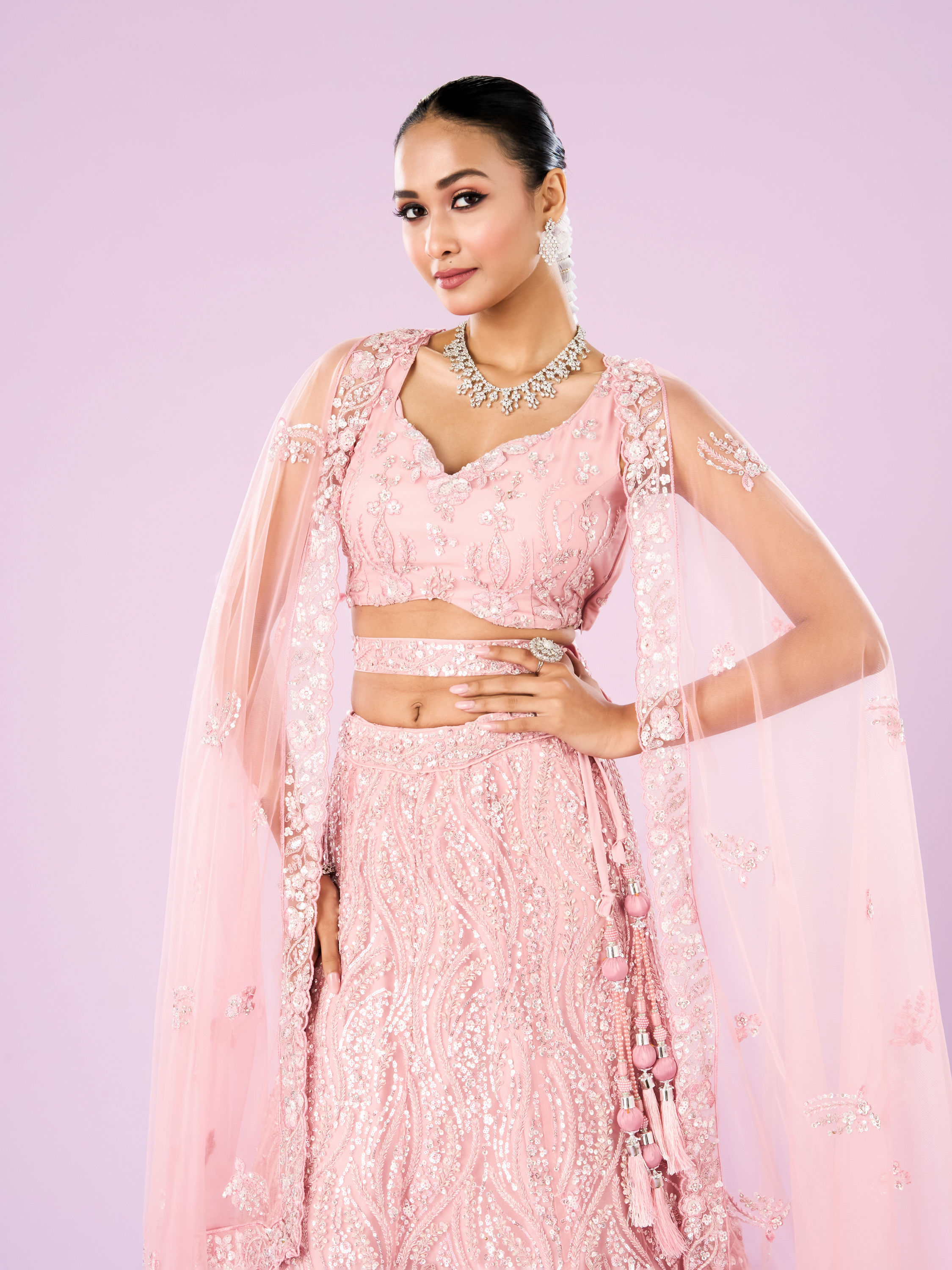 Mohey Women Pink Net Ensemble Lehenga