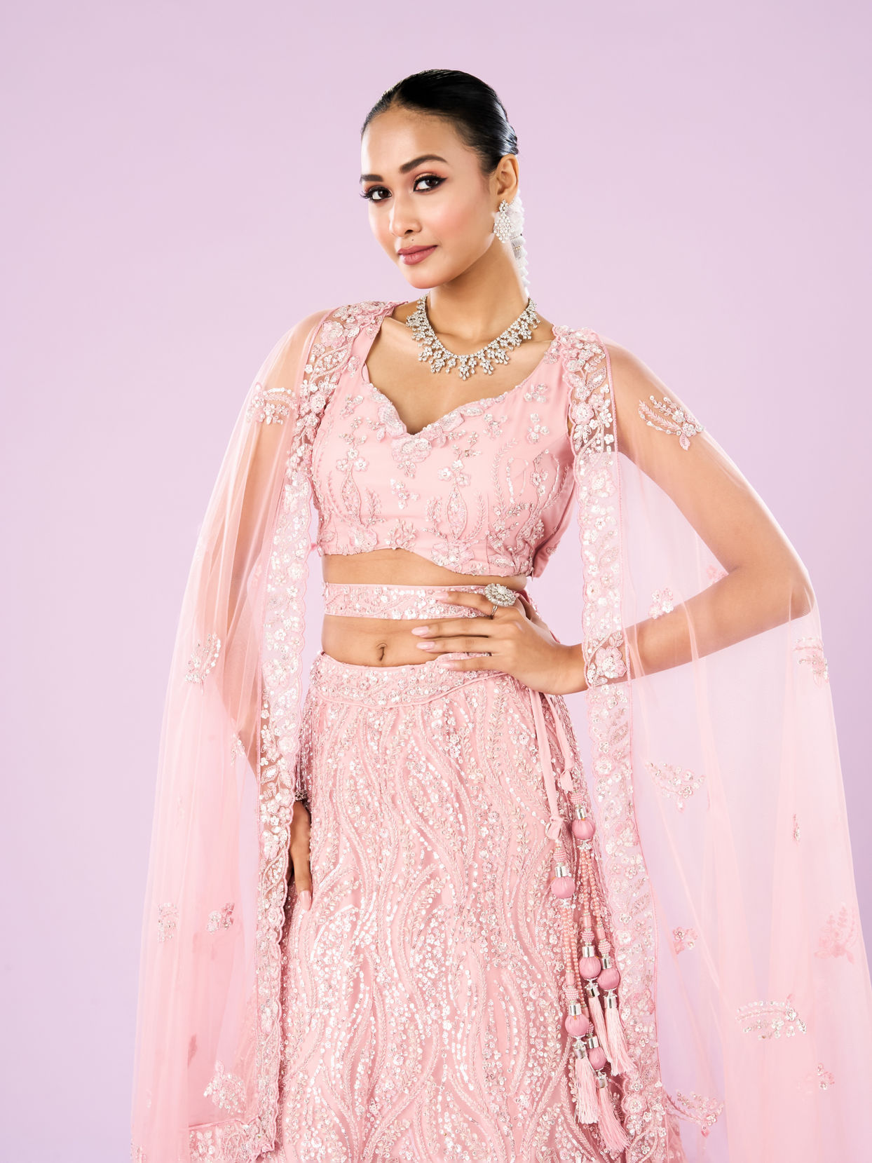 Mohey Women Pink Net Ensemble Lehenga