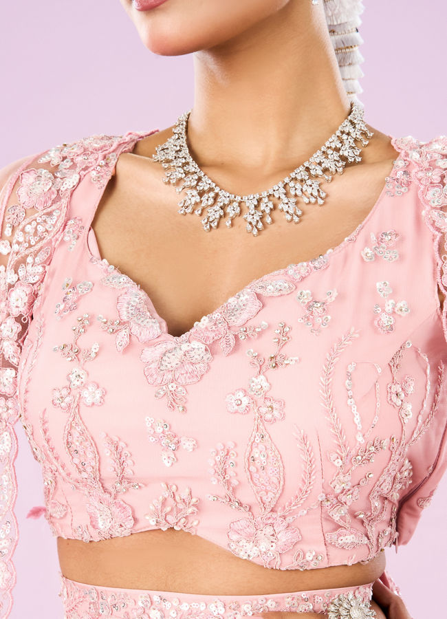 Mohey Women Pink Net Ensemble Lehenga