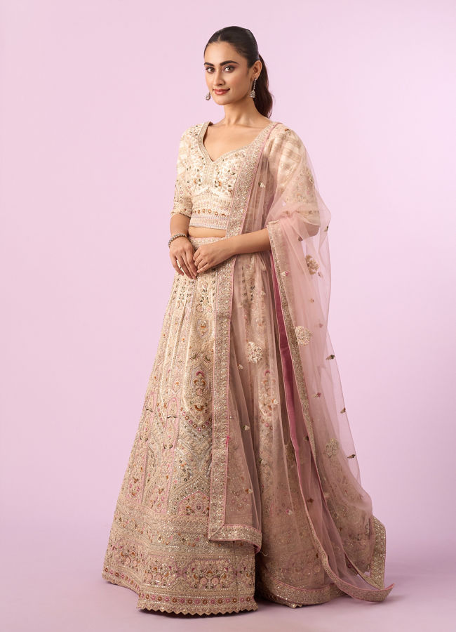 Mohey Women Enthralling Pink Cream Bridal Lehenga