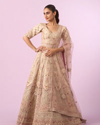 Mohey Women Enthralling Pink Cream Bridal Lehenga