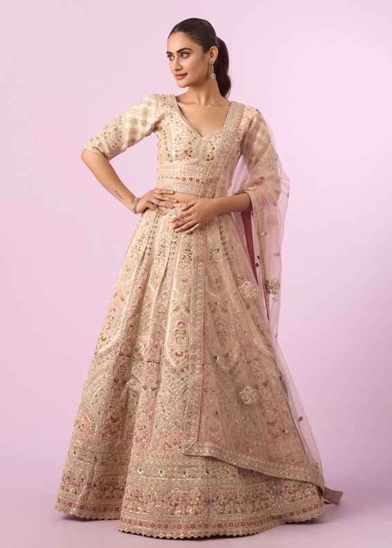 Mohey Women Enthralling Pink Cream Bridal Lehenga