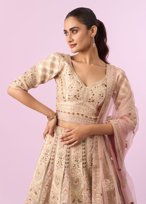 Mohey Women Enthralling Pink Cream Bridal Lehenga