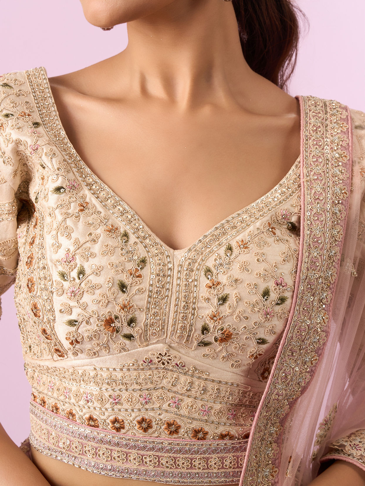 Mohey Women Enthralling Pink Cream Bridal Lehenga