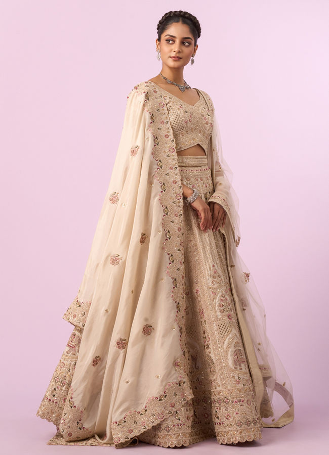 Mohey Women Cream Art Silk Bridal Lehenga with Latkan Belt