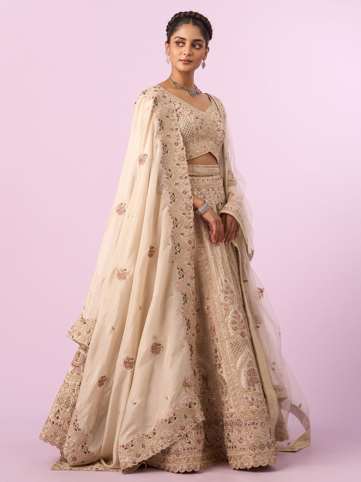 Mohey Women Cream Art Silk Bridal Lehenga with Latkan Belt