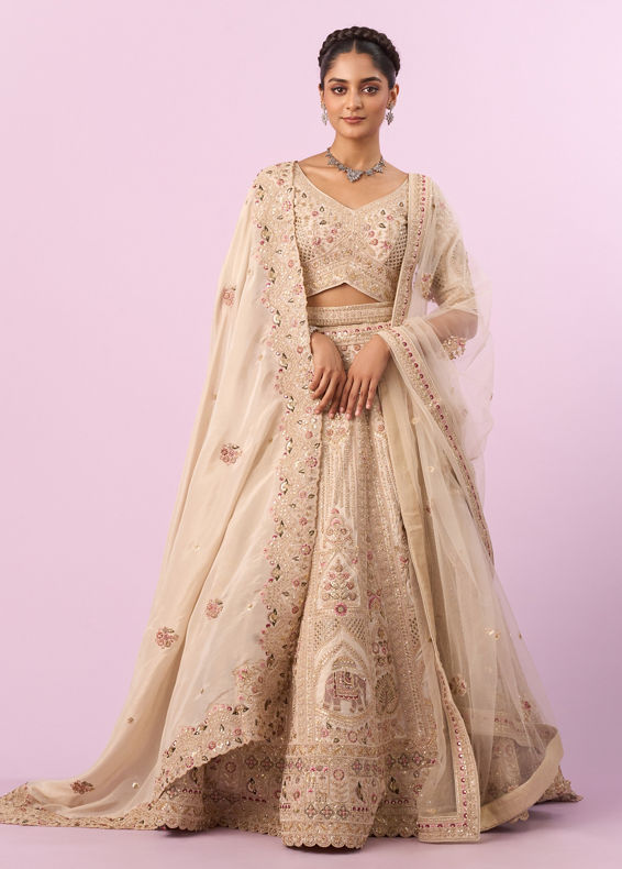 Mohey Women Cream Art Silk Bridal Lehenga with Latkan Belt