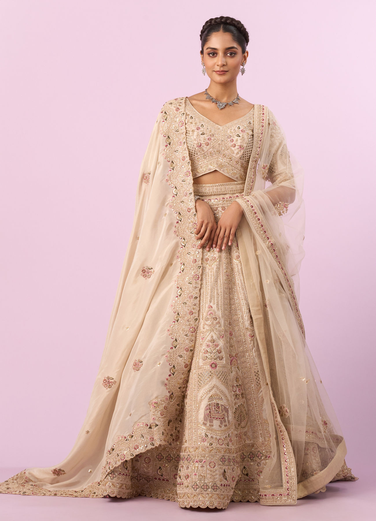 Mohey Women Cream Art Silk Bridal Lehenga with Latkan Belt