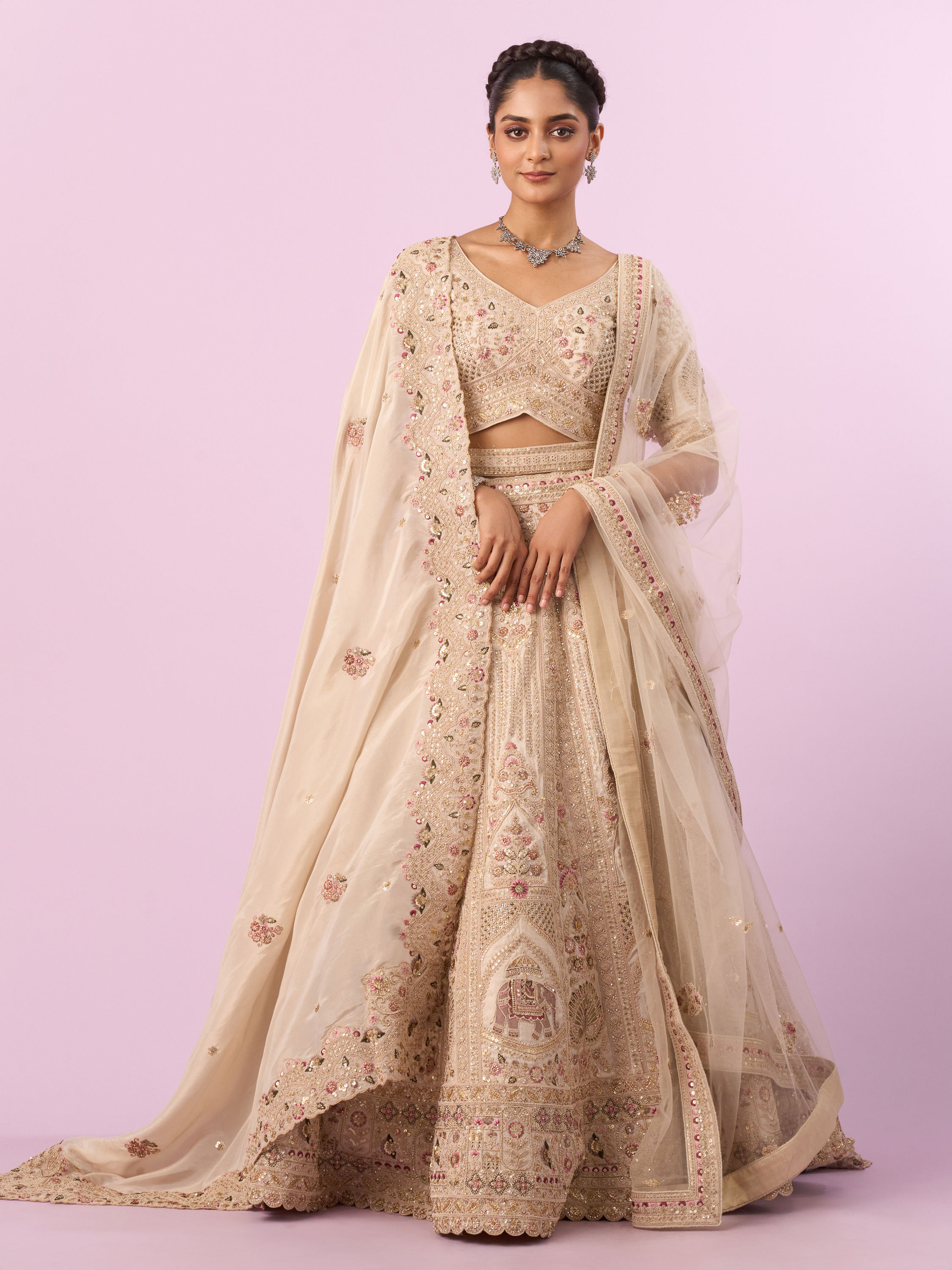 Mohey Women Cream Art Silk Bridal Lehenga with Latkan Belt