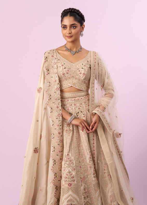 Mohey Women Cream Art Silk Bridal Lehenga with Latkan Belt