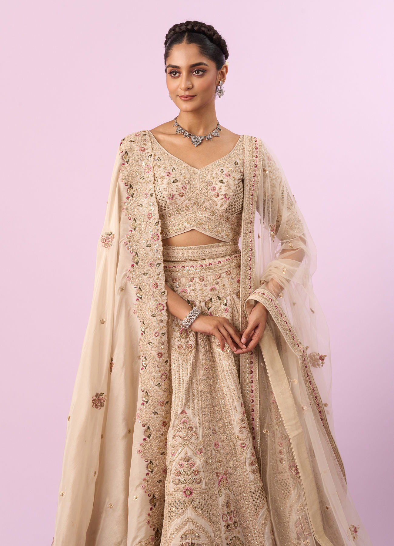 Mohey Women Cream Art Silk Bridal Lehenga with Latkan Belt