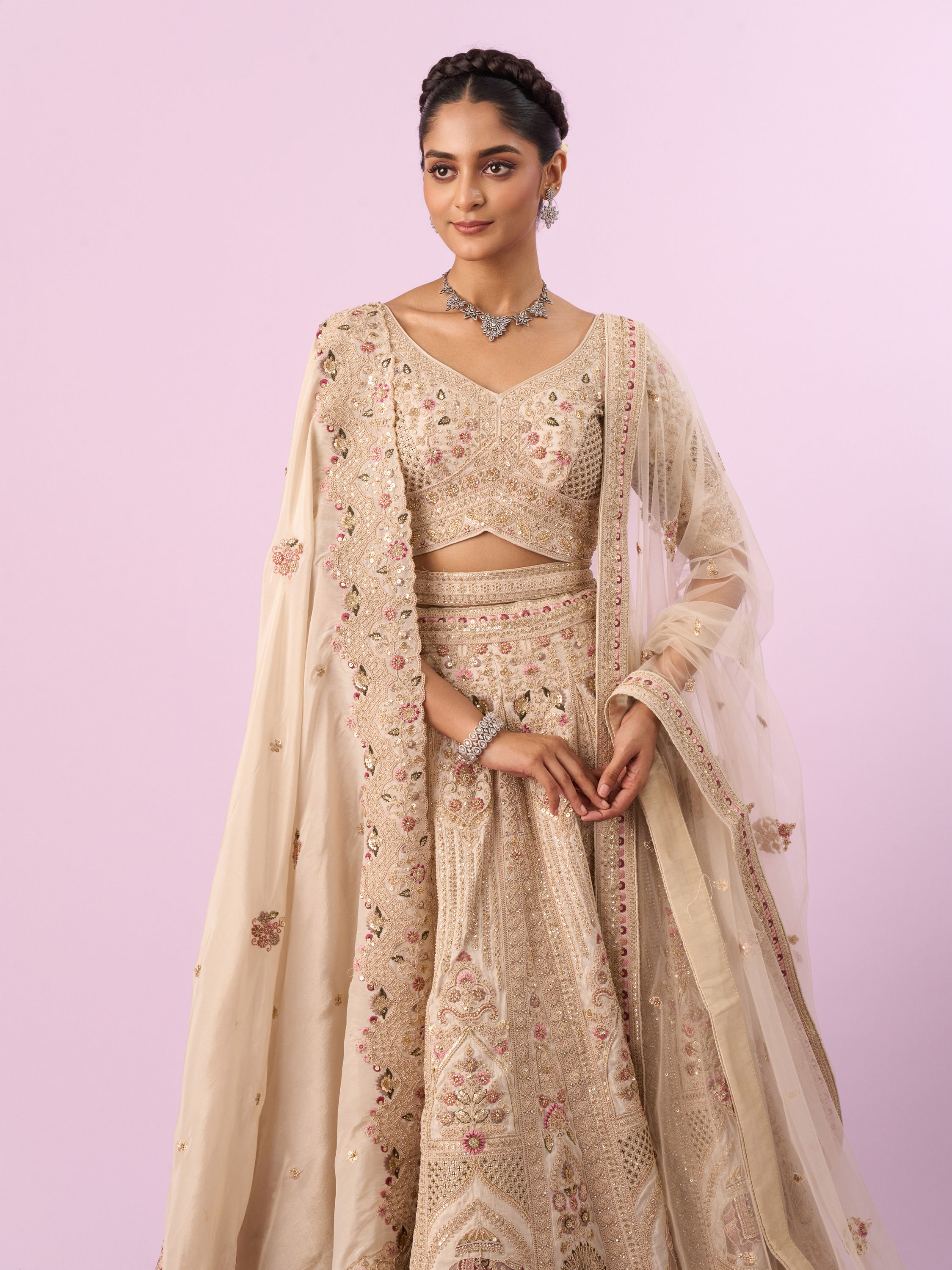 Mohey Women Cream Art Silk Bridal Lehenga with Latkan Belt